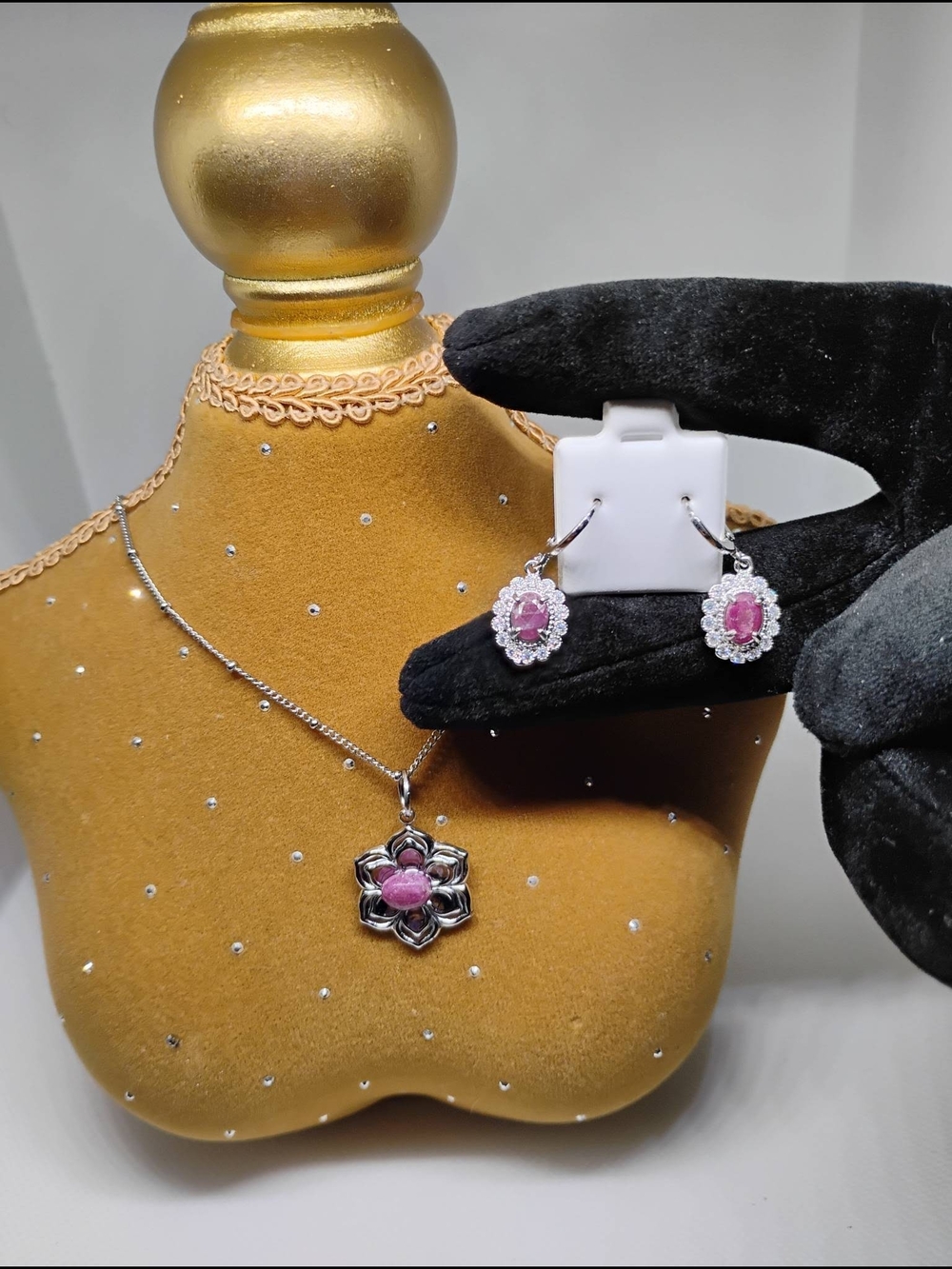Flower Design Natural Purple Ruby Gemstone Jewelry Set